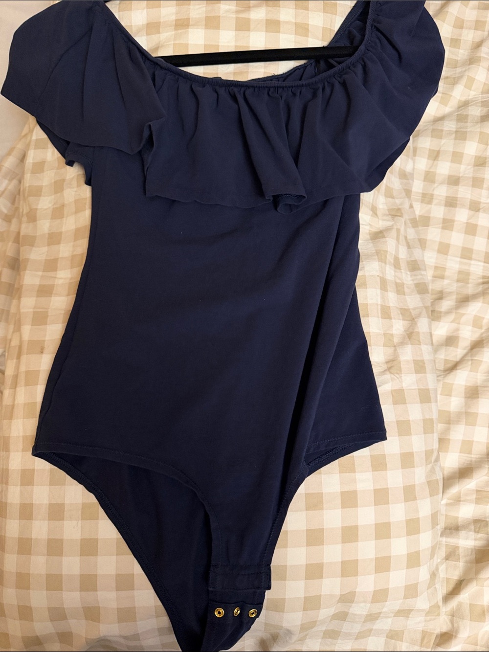 J. Crew Navy Blue Off-Shoulder Ruffle Bodysuit